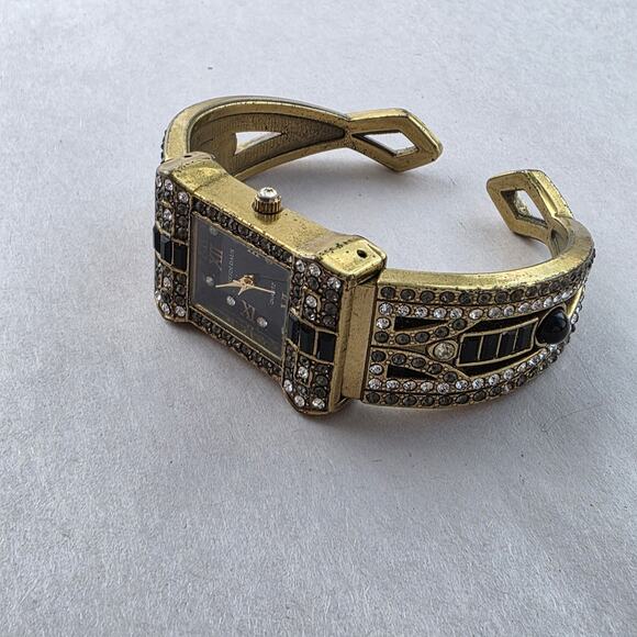 Heidi Daus Hinged Cuff Bracelet Watch Tan Swarovski Crystals Bangle Bronze Black main image 4